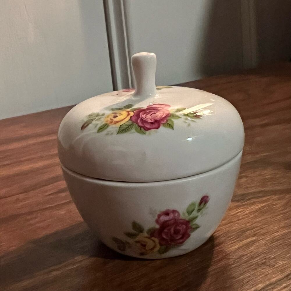 Vintage Pink Yellow Roses Apple Shaped Ceramic Trinket Box Floral Flower Grandma
